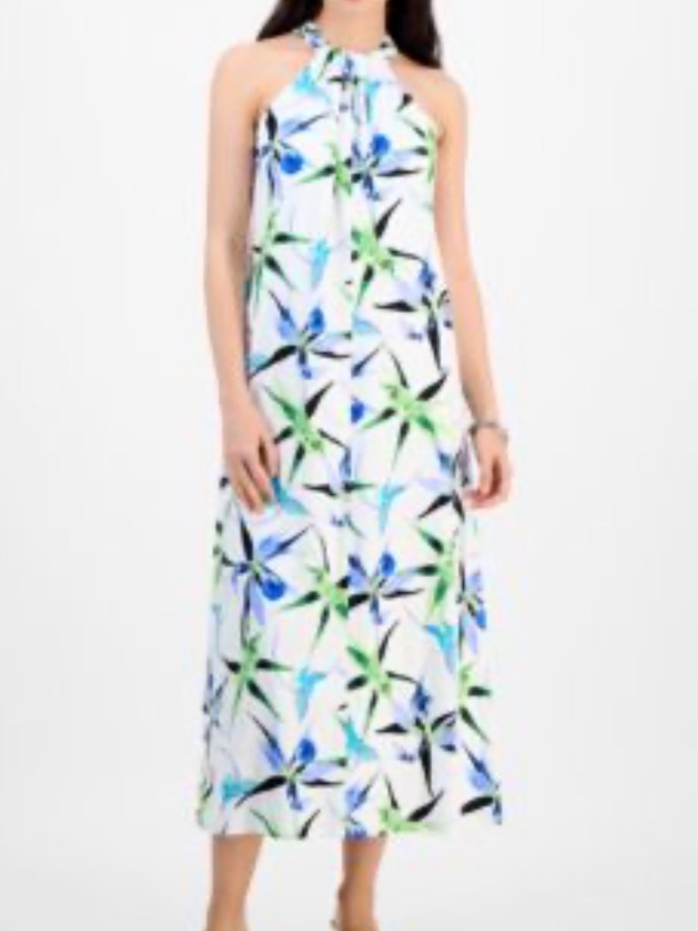 Sleeveless White Halter Floral Maxi Dress with Blue & Green Print